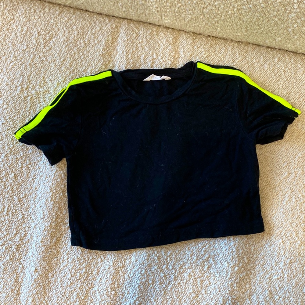 Black Shein crop top with neon stripe sleeves for girls